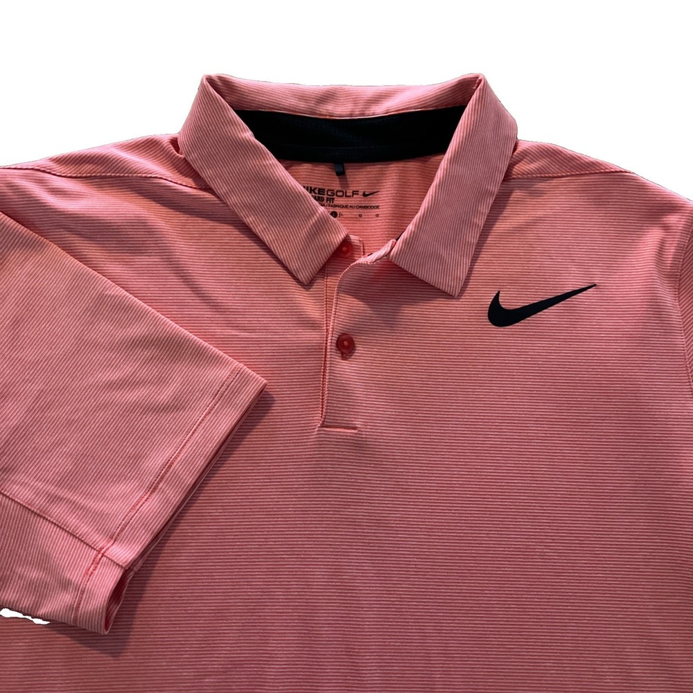 Nike Golf Dri-fit Mens Large Orange Polo Standard Fit S/S Striped Vented